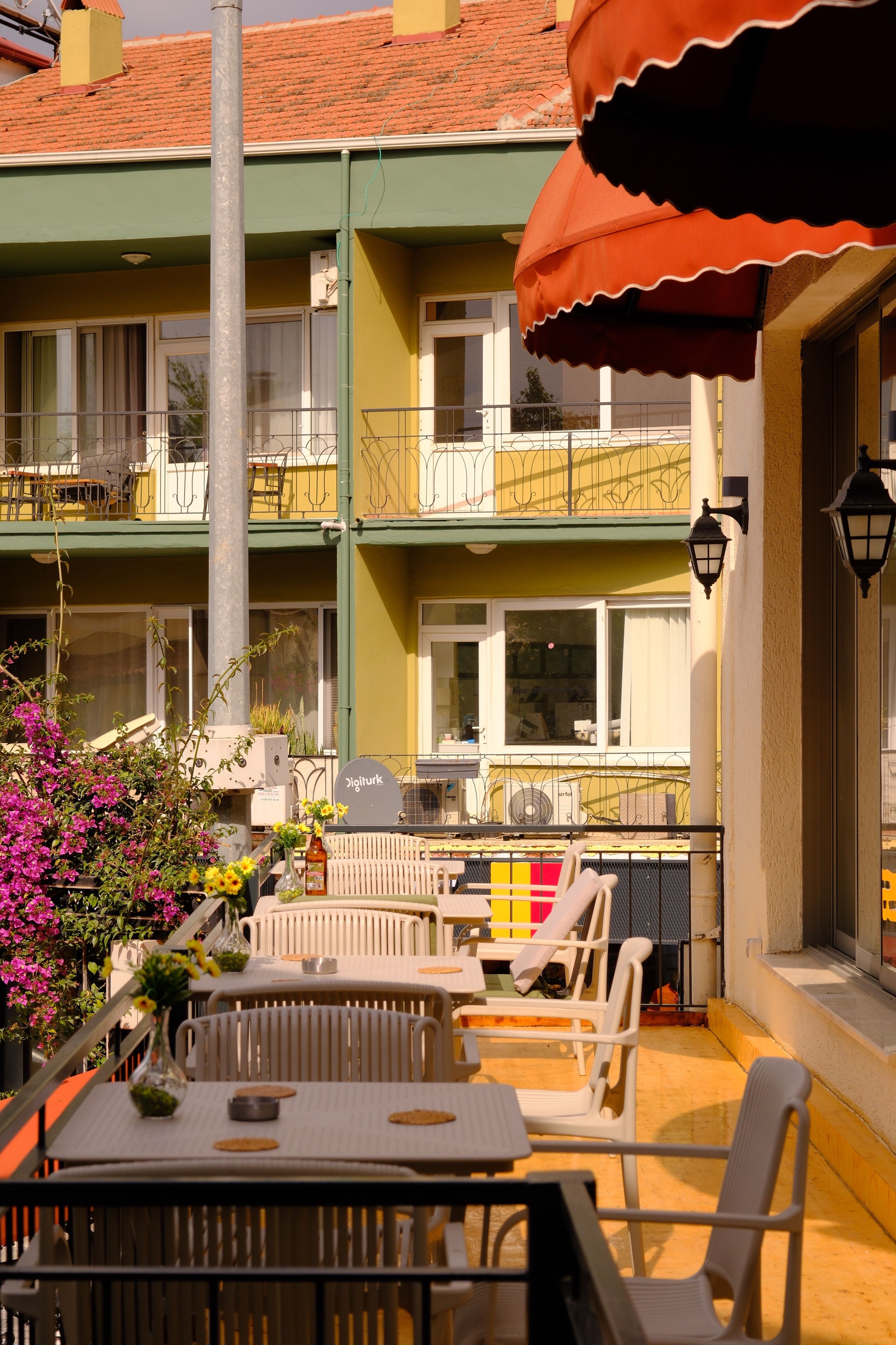 A sunlit outdoor cafe terrace with colorful flowers and cozy seating.