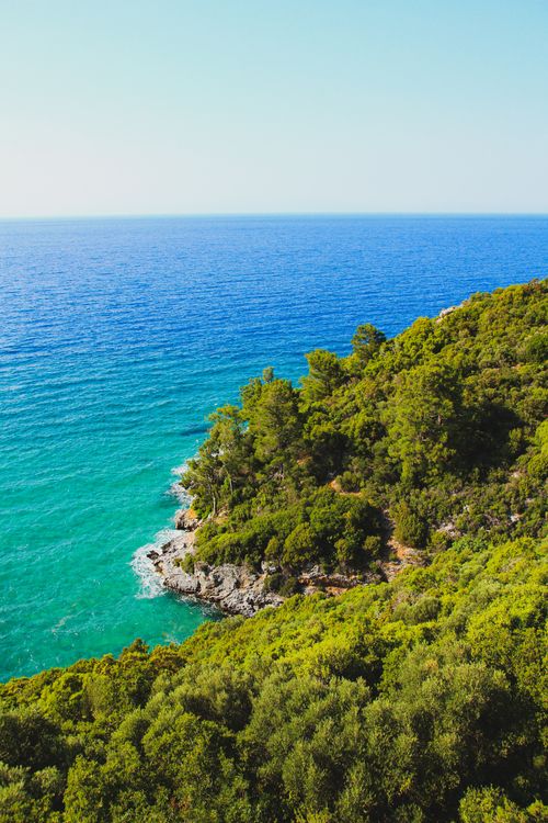 Free A breathtaking coastal landscape with vibrant greenery and blue ocean under a clear sky. Stock Photo
