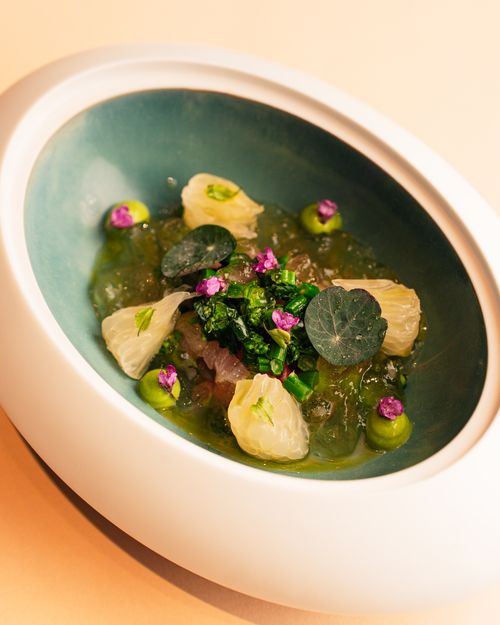 Free Artistic dessert with citrus and floral elements at a fine dining Tokyo restaurant. Stock Photo