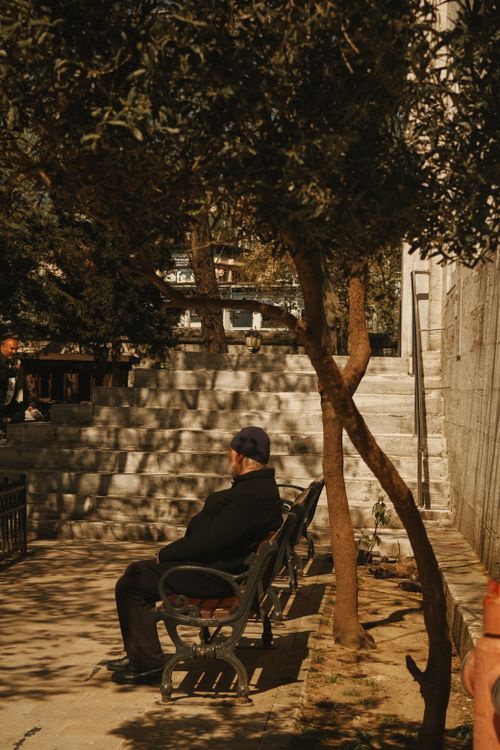 Free A man sits on a park bench under a tree in Istanbul, capturing a peaceful moment in the city. Stock Photo