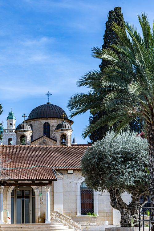 Free A historic church with domed roof amidst palm trees under clear blue skies, showcasing Mediterranean architecture. Stock Photo
