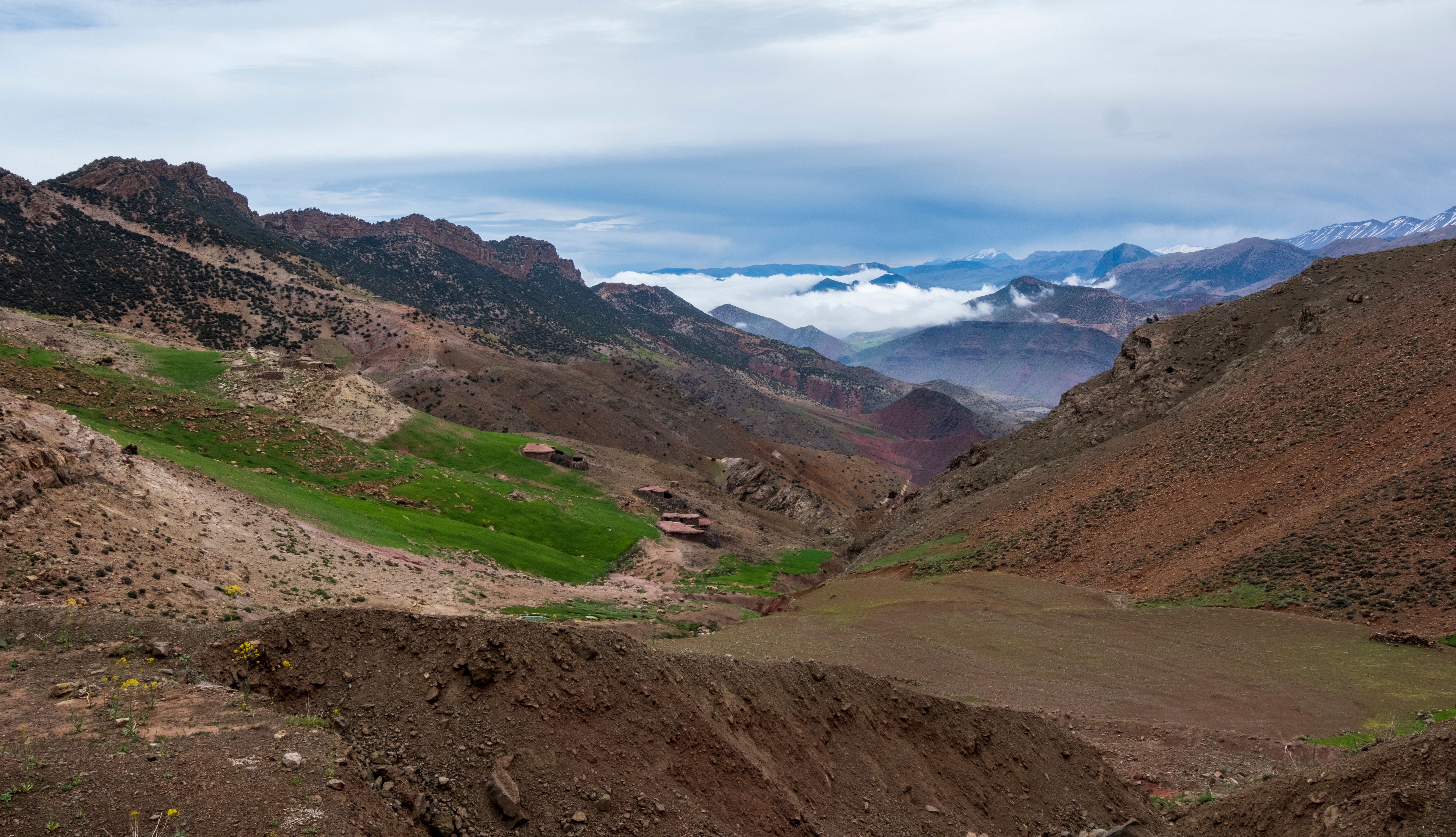 Vast scenic view of the Atlas Mountains in Morocco with lush greenery and rugged terrain.