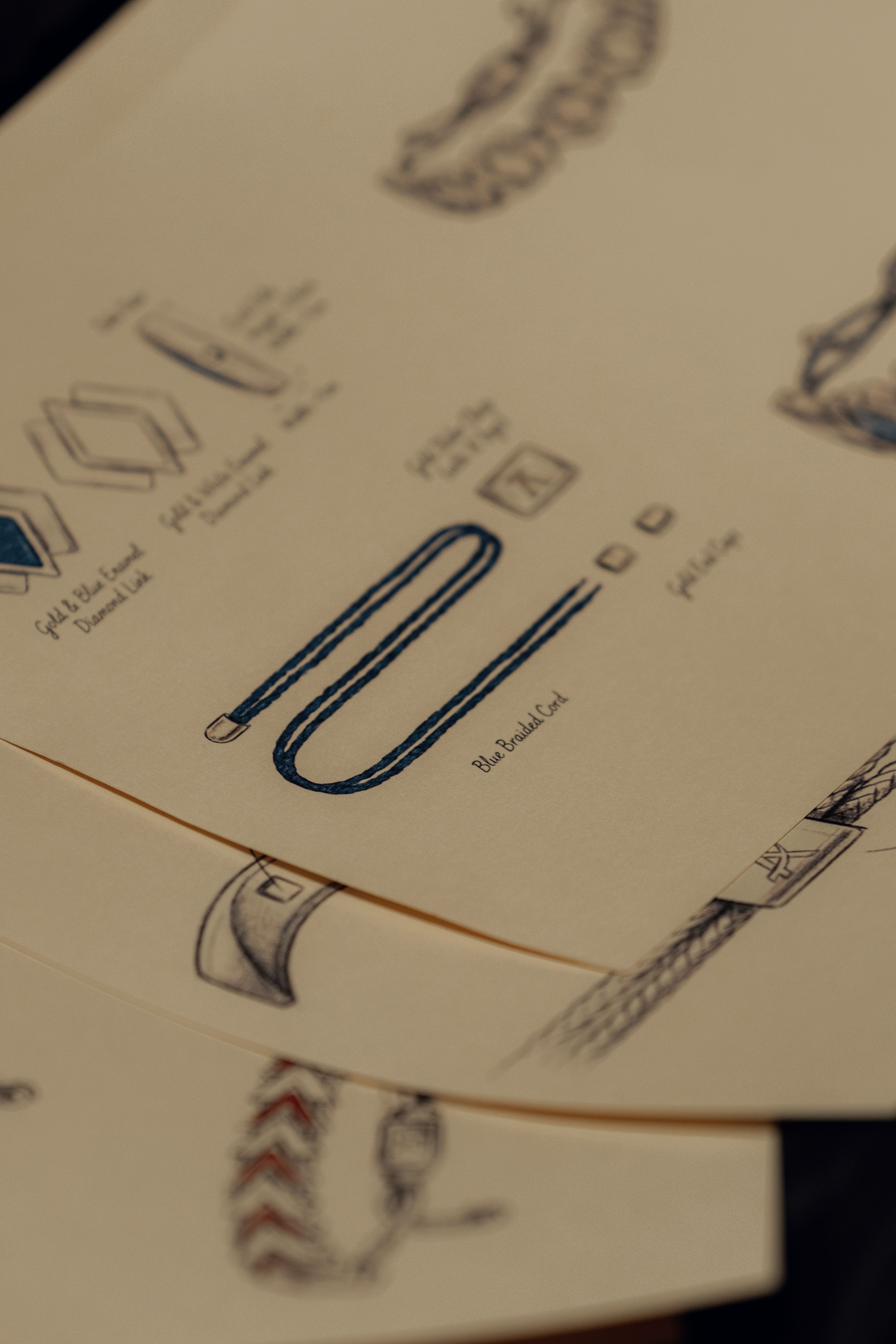 Close-up of intricate jewelry design sketches on paper showcasing creativity and craftsmanship.