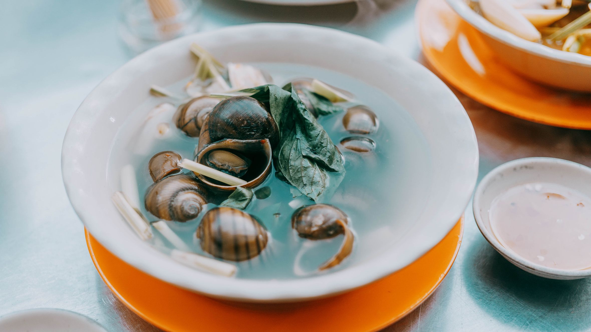 A vibrant dish featuring Asian snail soup with fresh herbs in a white bowl, perfect for Asian cuisine lovers.