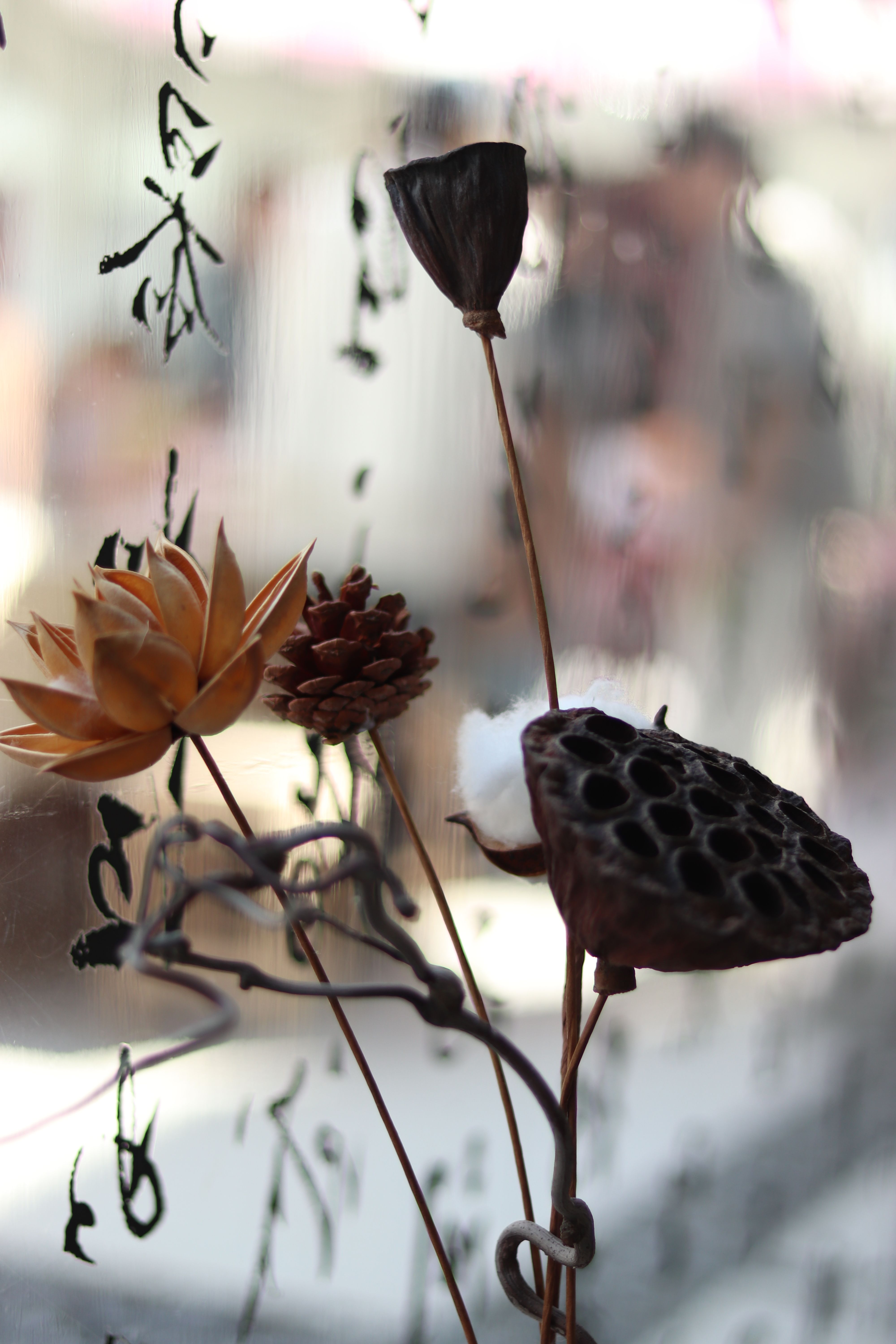 Aesthetic display of dried flowers with dark background and calligraphy for artistic home decor.