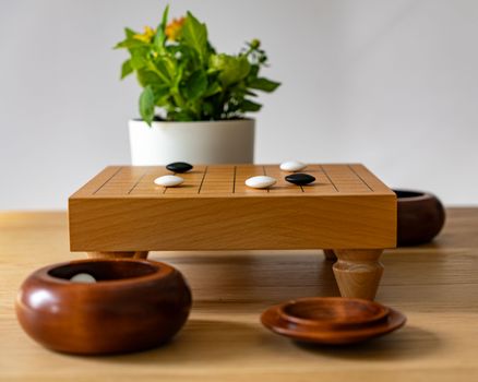Elegant wooden Go board setup with game pieces and a lush green plant, perfect for mindfulness and strategic play.