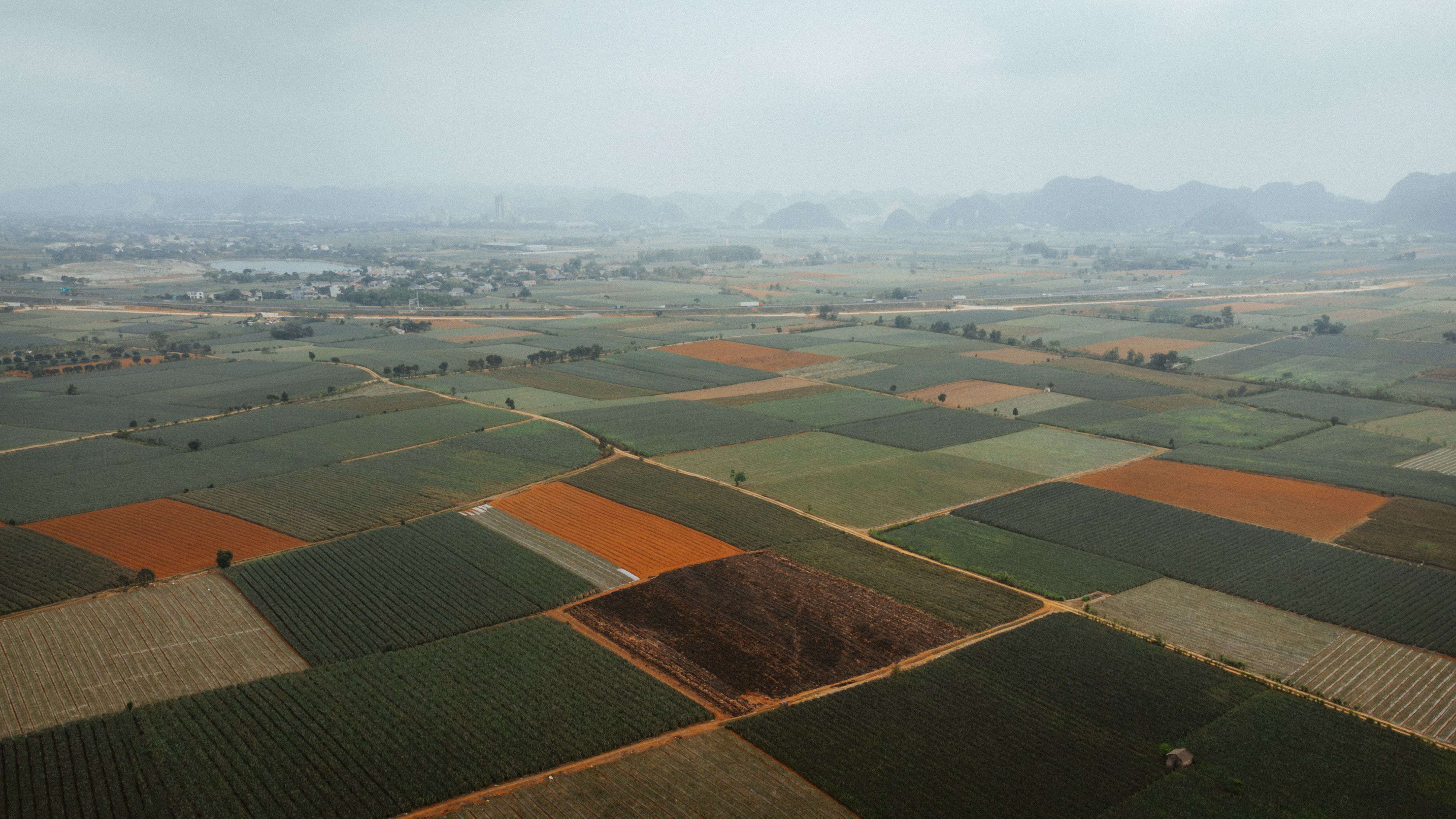Scenic aerial view of diverse agricultural fields in Vietnam, showcasing vibrant patterns and landscapes.
