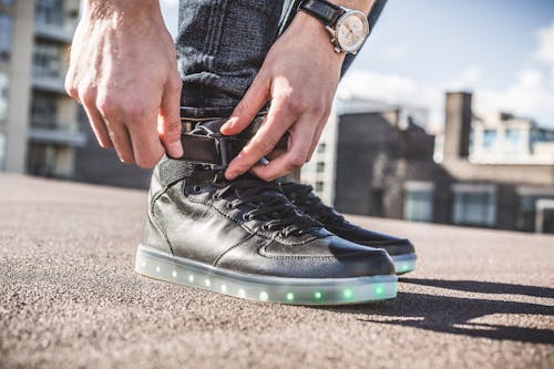 Person Wearing Pair of Black-and-gray Velcro-strap Led Shoes