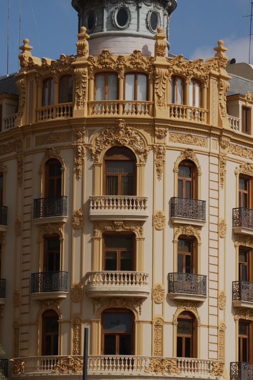Free Close-up of an ornate historic building facade in Valencia, Spain, showcasing intricate architectural details. Stock Photo