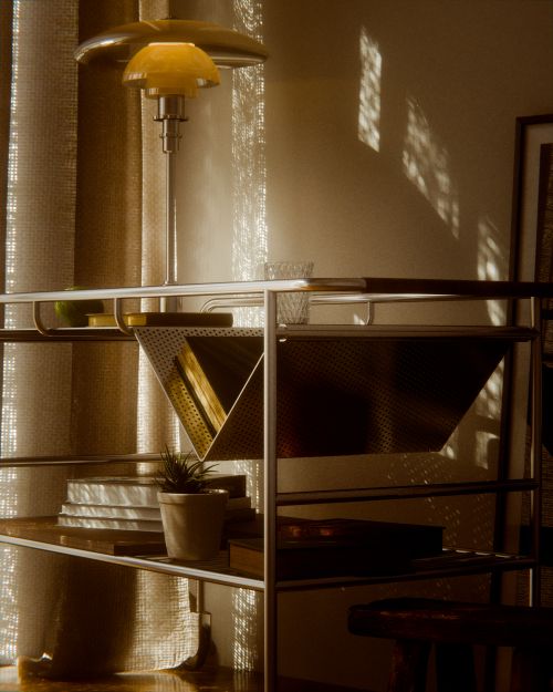 Free Sunlit interior room featuring modern decor, shelves with plants, and artistic shadows. Stock Photo