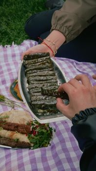 Hands serving grape leaves and kebabs during an outdoor picnic on a checkered cloth.