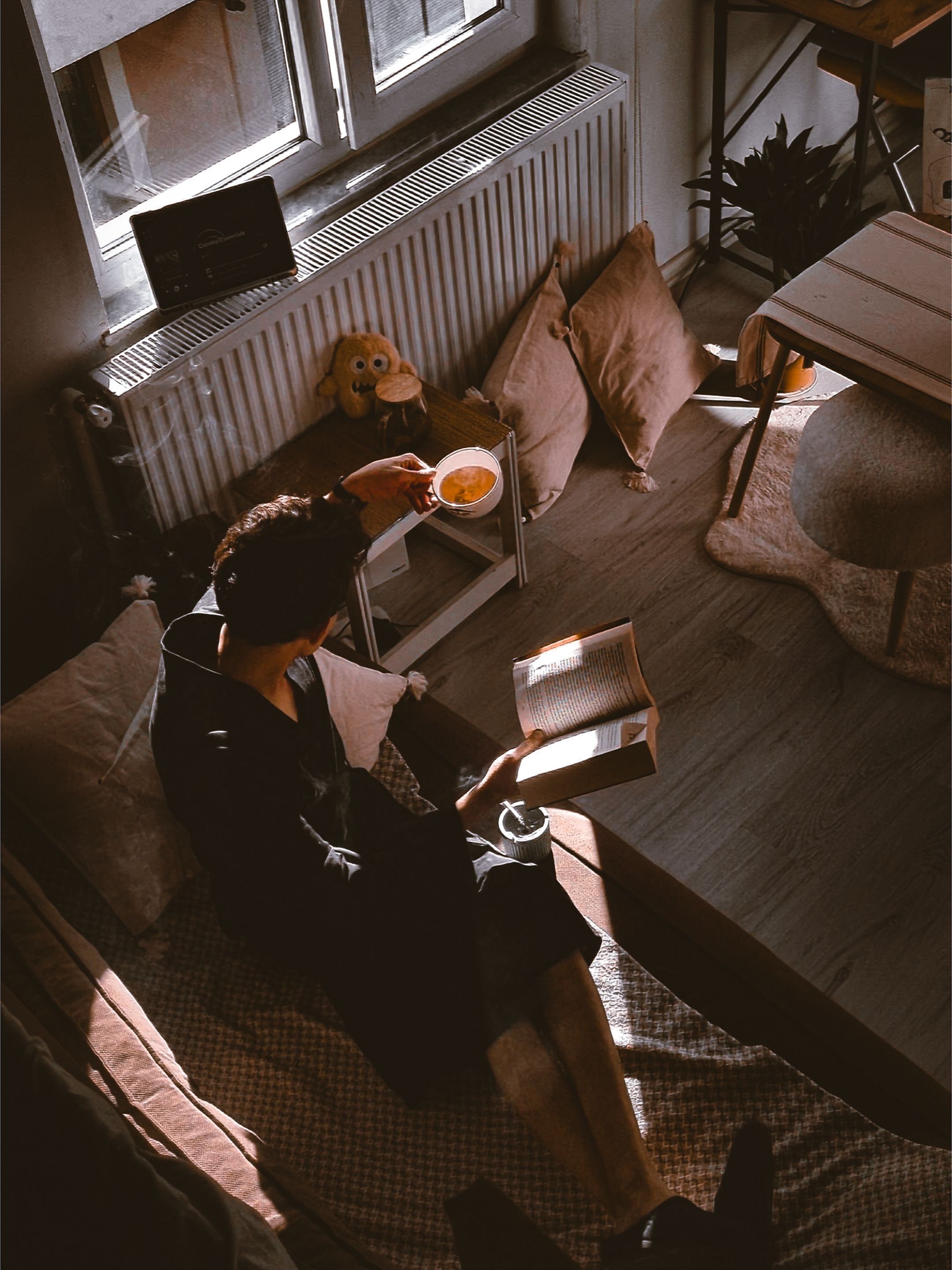 A person enjoys a peaceful afternoon reading and sipping tea indoors.