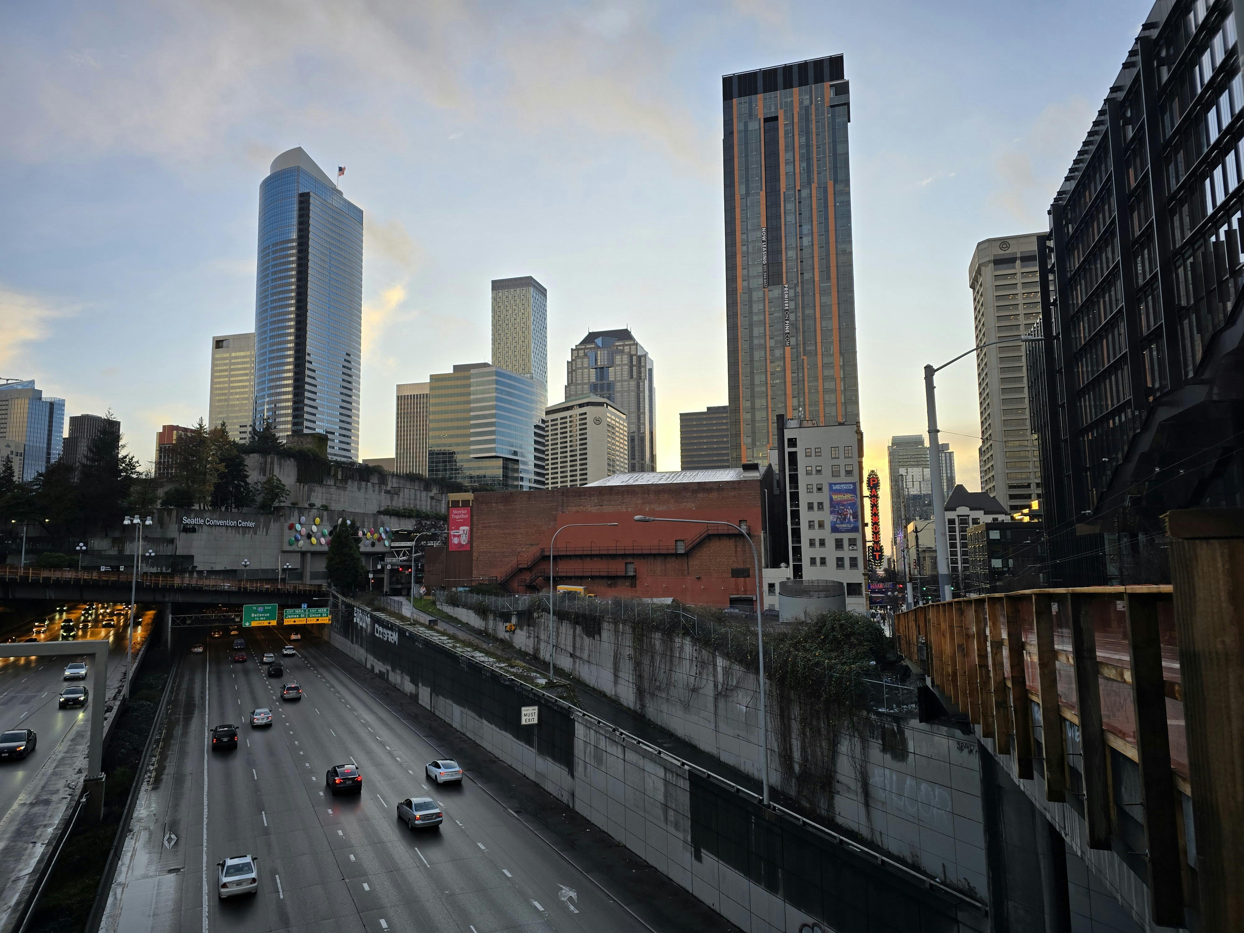 Seattle urban skyline with highway below