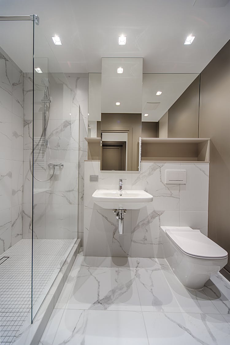 Marble Interior Of Bathroom With Toilet