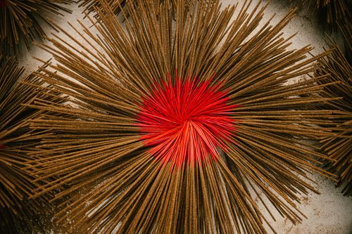Free An artistic arrangement of incense sticks with a striking red center, creating a vibrant, abstract pattern. Stock Photo