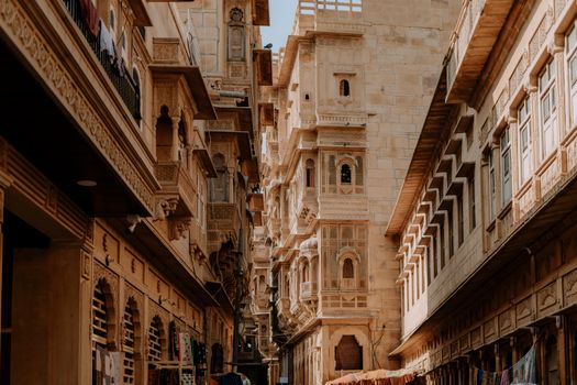 Stunning view of traditional Rajasthani architecture in Jaisalmer, showcasing intricate carvings and sandstone buildings.