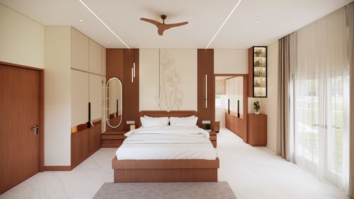 Free A stylish modern bedroom design featuring wood accents, a cozy bed, and elegant decor, located in Pondy, India. Stock Photo