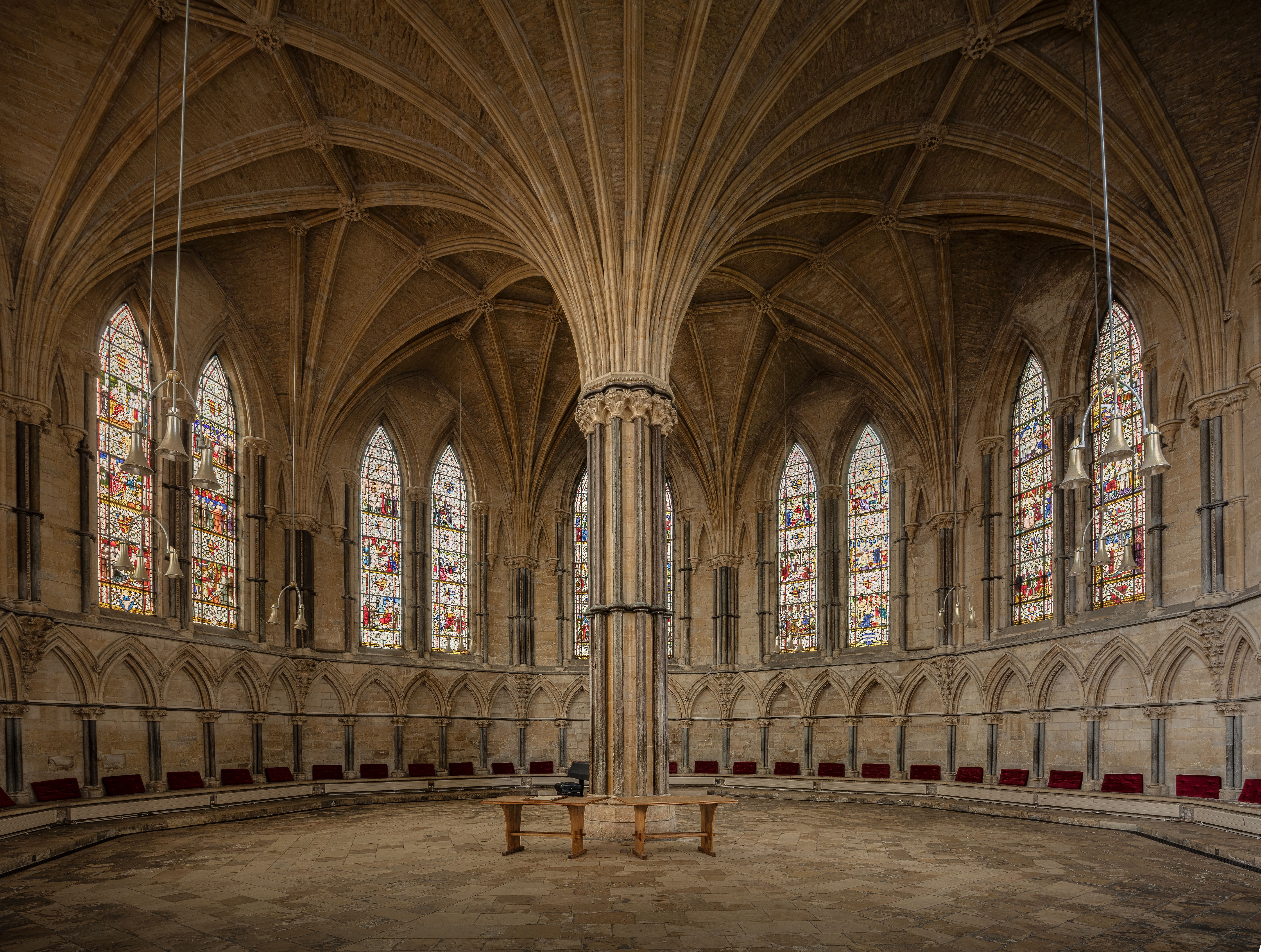 Gothic interior of the Chapter House in Lincoln Cathedral.