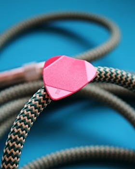 蓝色表面上，红色吉他拨片在乐器电缆上的特写镜头