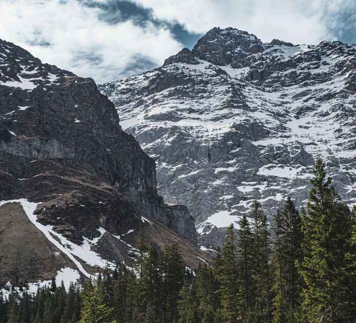 Snow-capped mountains and lush forest create a breathtaking alpine scene in Unterschächen, Uri, Switzerland.