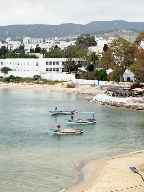 Free Scenic view of traditional boats in Hammamet, Tunisia, with coastal town backdrop. Stock Photo