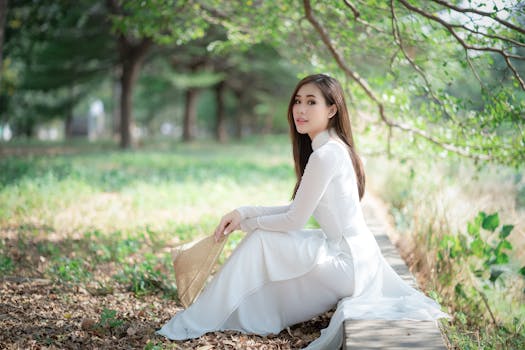 一名身穿白裙、头戴草帽的女子，静静地坐在绿色的公园里