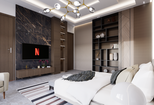 Sleek bedroom interior featuring TV, modern design, and ample shelving for a stylish, serene atmosphere.