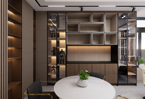 Modern office room with built-in shelves and warm wood. Photo by Reyd Valencia on Pexels