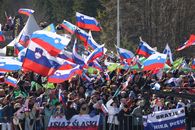 Vibrant gathering of people waving Slovenian flags in a festive outdoor event.