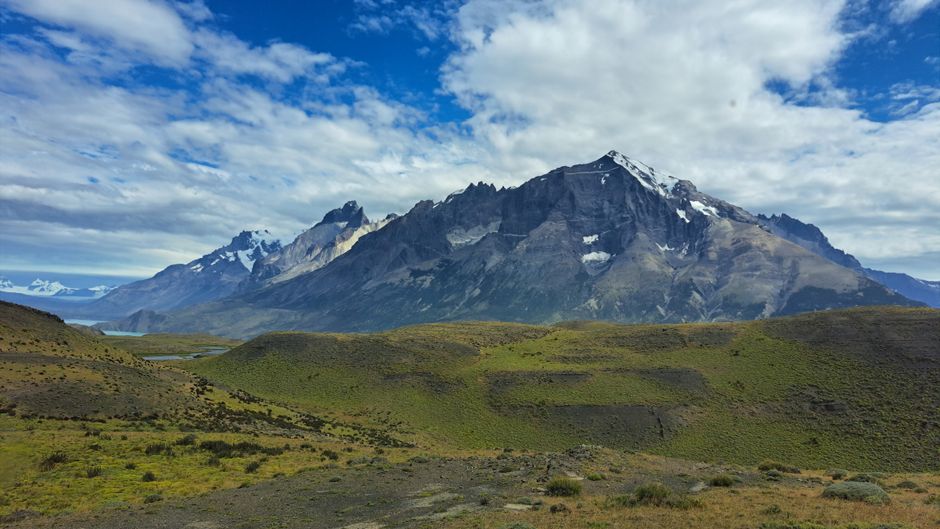 Scenic view of the Andes Mountains and expansive landscape in Torres del Paine, Chilean Patagonia.