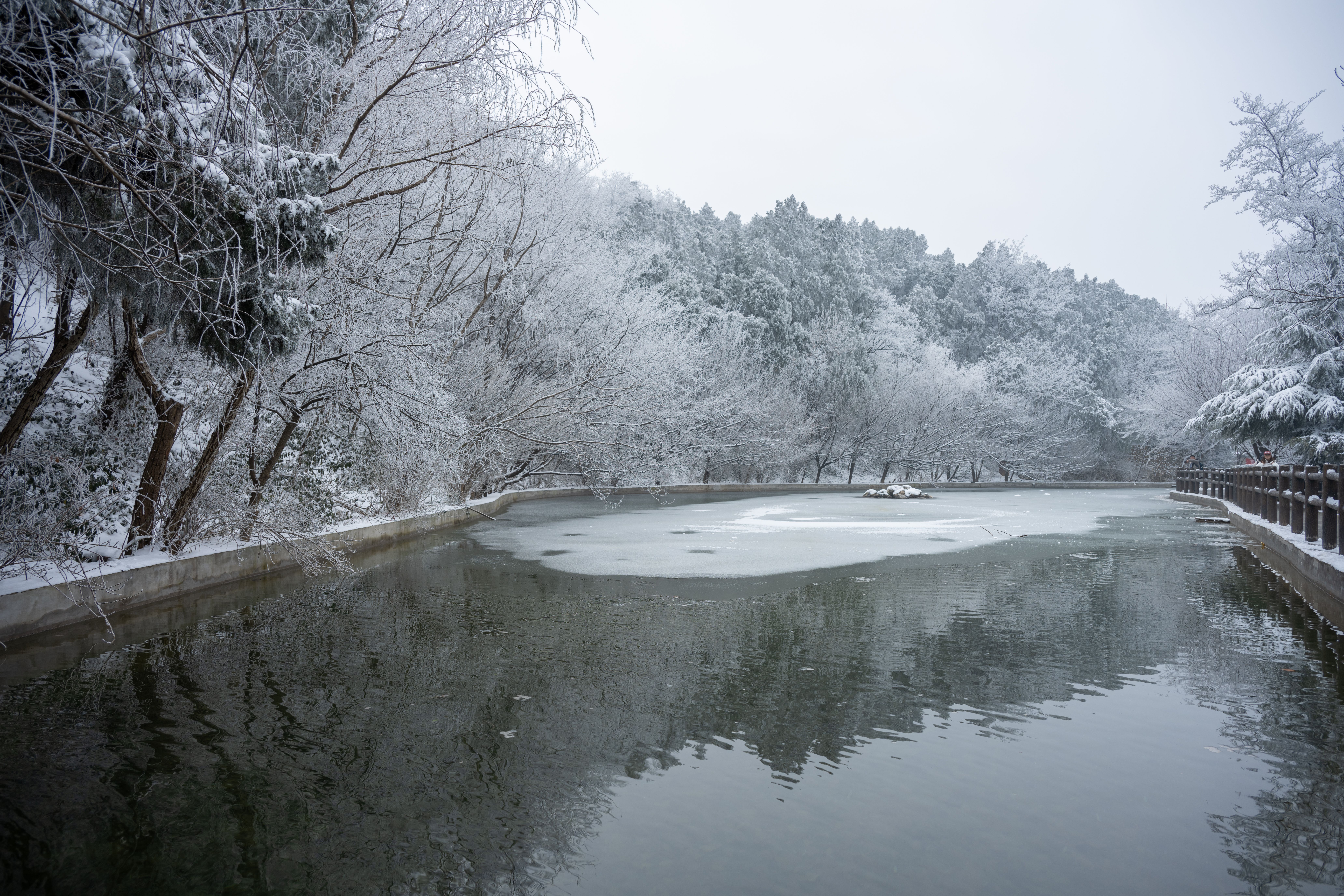 Tranquil winter scene featuring a snow-covered landscape and a partially frozen lake.