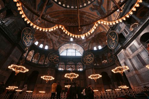 Free A stunning view of the Hagia Sophia's interior, showcasing its grand architecture and intricate details. Stock Photo