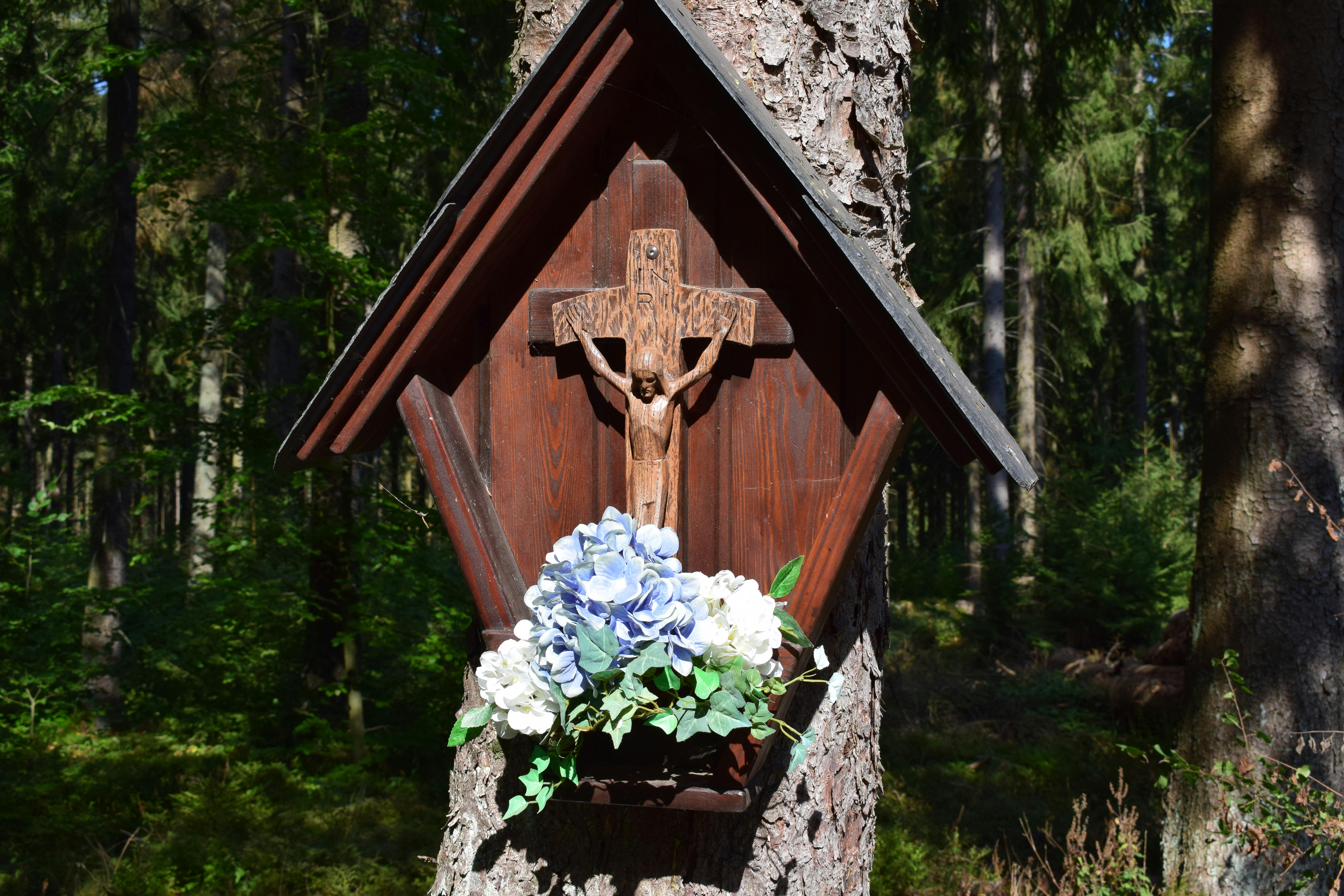A wooden crucifix with flowers attached to a tree in a serene forest.