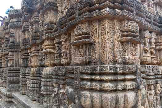 Exquisite stone carvings on the historic Konark Sun Temple, Odisha, India.
