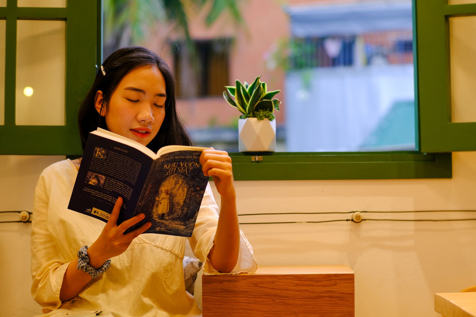 Serene moment of a young woman enjoying a book near a window, surrounded by soft natural light.