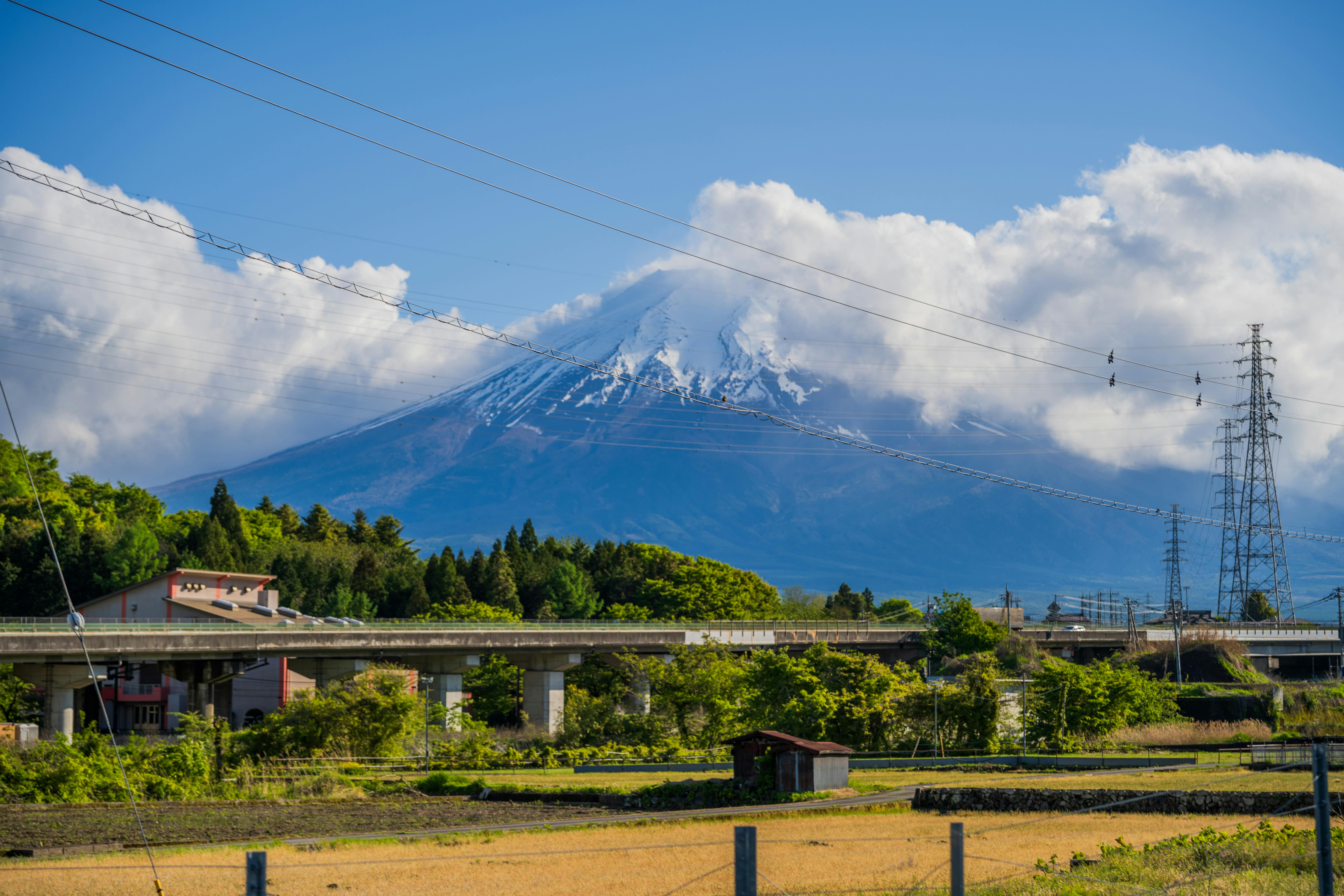 Scenic view of Mount Fuji with clouds, power lines, and vibrant greenery in the foreground.