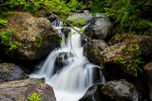 A peaceful waterfall flows through mossy rocks in a lush green forest setting.