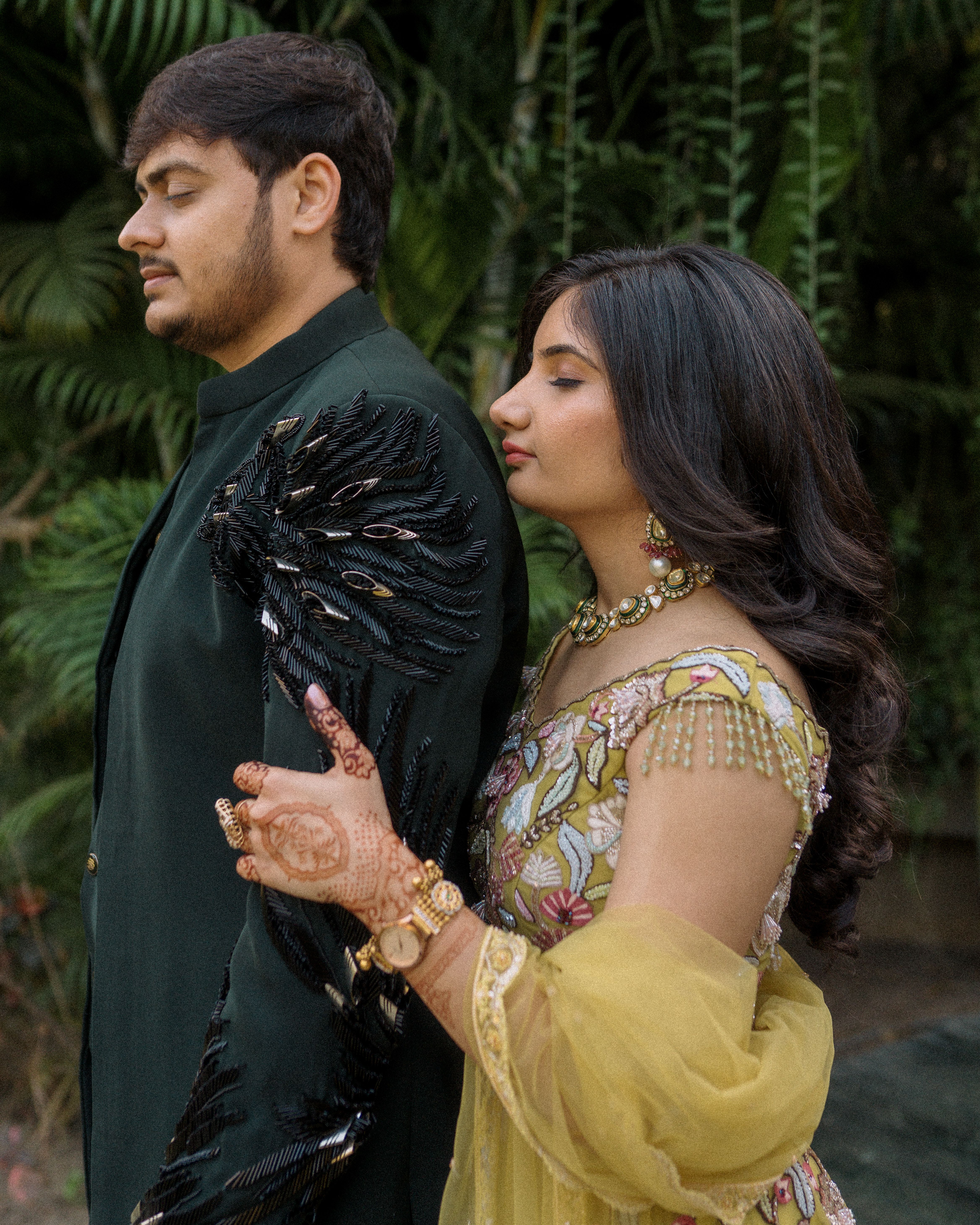 A beautifully dressed Indian couple during their engagement ceremony in Gujarat, India.