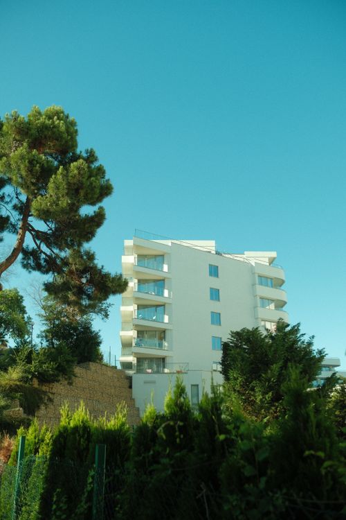 Free A sleek white building surrounded by vibrant greenery under a clear blue sky. Stock Photo