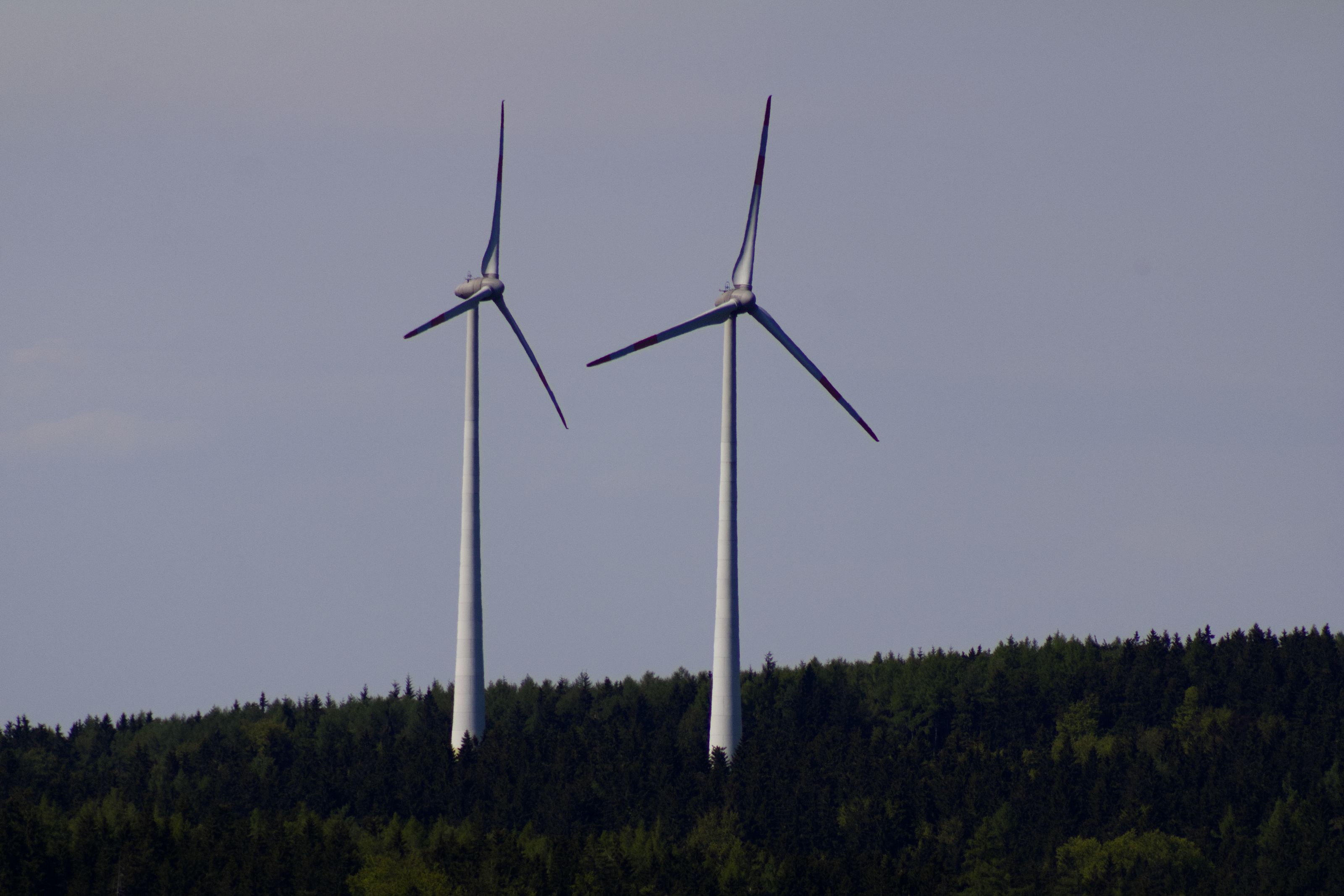 Two wind turbines stand tall against a backdrop of lush German forest under a clear sky.