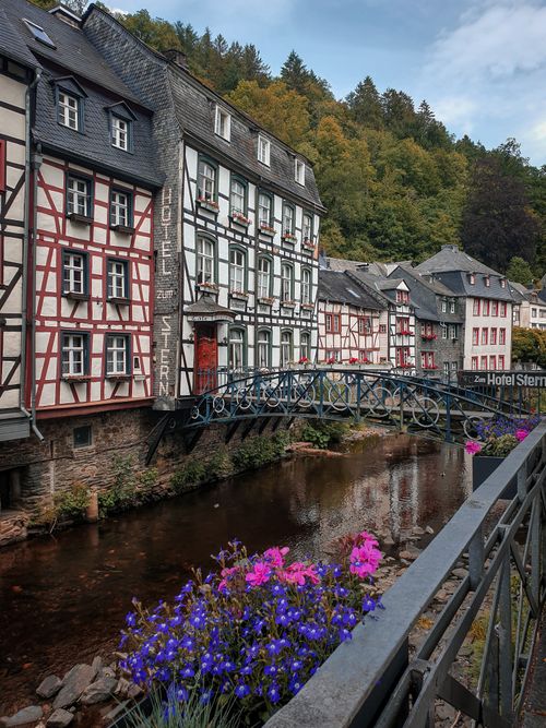Free Charming half-timbered houses lining a canal, set against lush greenery in a German town. Stock Photo