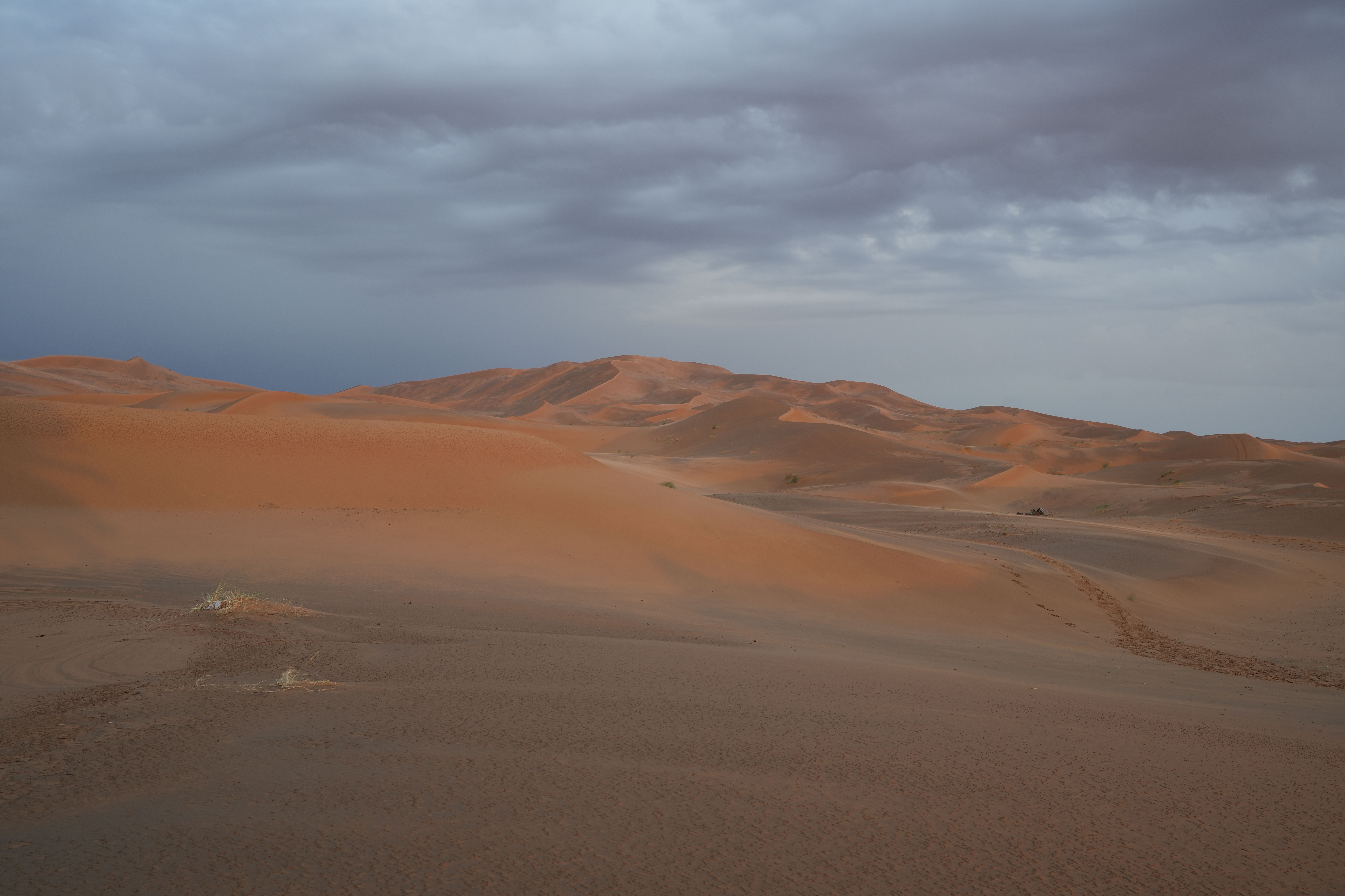 Vast, serene sand dunes of Erg Chebbi under a cloudy sky in Merzouga, Morocco.