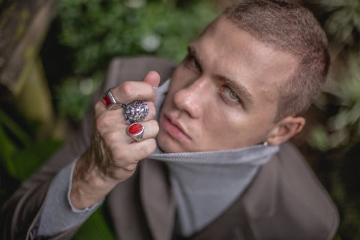 从上方看去，一位穿着高领毛衣、戴着巨大戒指的英俊男子，面无表情却性感地凝视着镜头