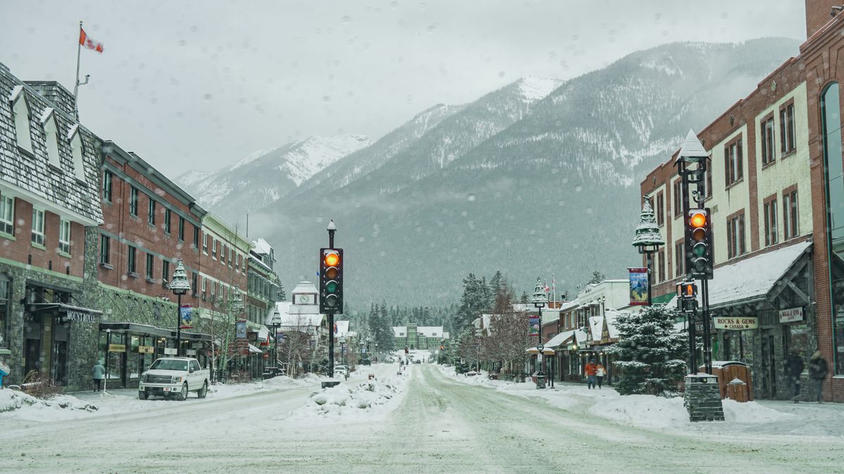 Snowy mountain town main street