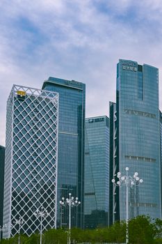 Skyline of contemporary skyscrapers in Shenzhen, China, highlighting urban architecture.