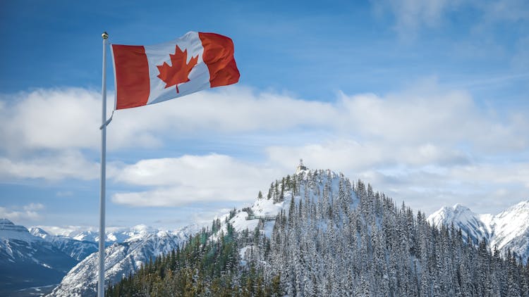 Flag Of Canada And Mountains