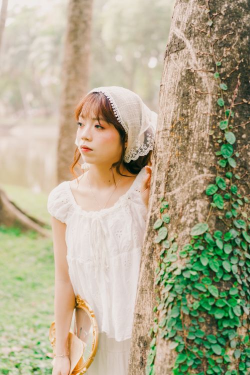 Free A young woman in vintage attire leans against a tree in a serene park setting in Hanoi, Vietnam. Stock Photo
