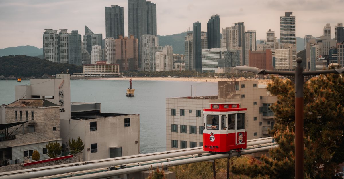Stunning urban scene showing a monorail with Busan's skyline and coastline in the backdrop. visual (Photo: Sun Hung / Pexels)