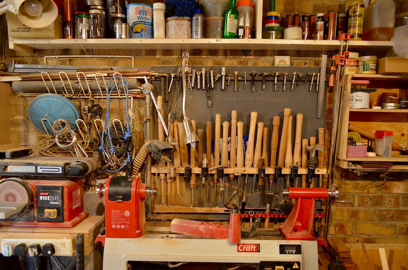 Woodworking workshop with neatly arranged tools