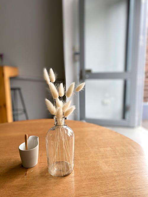 Free Interior of cozy home with glass vase with dried plant and ceramic cup with incense stick Stock Photo